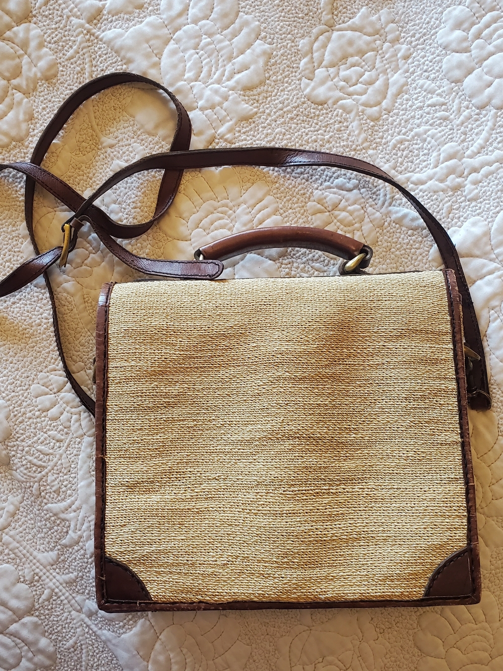 Woven Straw Crossbody Bag with Brown Leather Trim